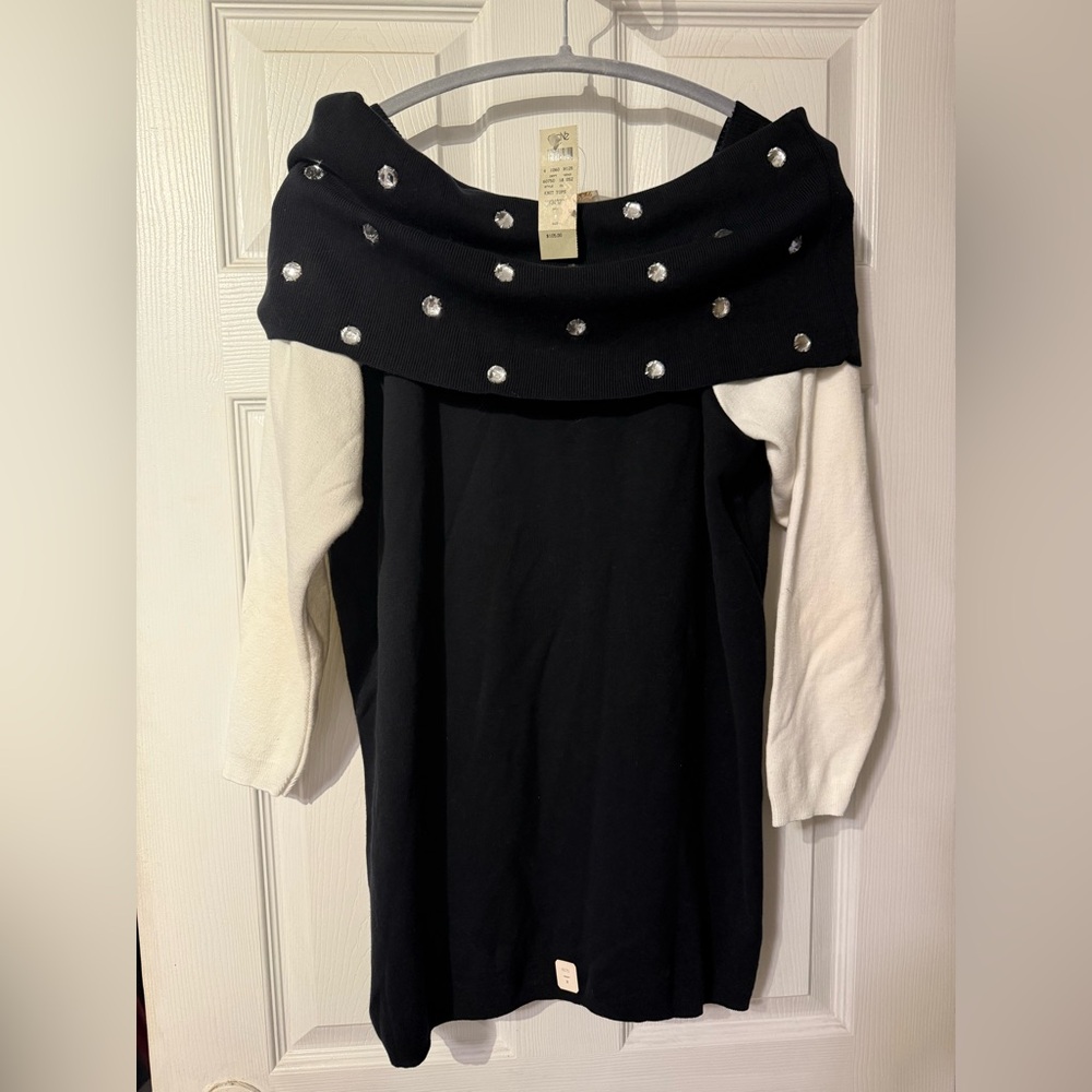 Cache Vintage 80's Black & White Color block Crystal Tunic Sweater Med